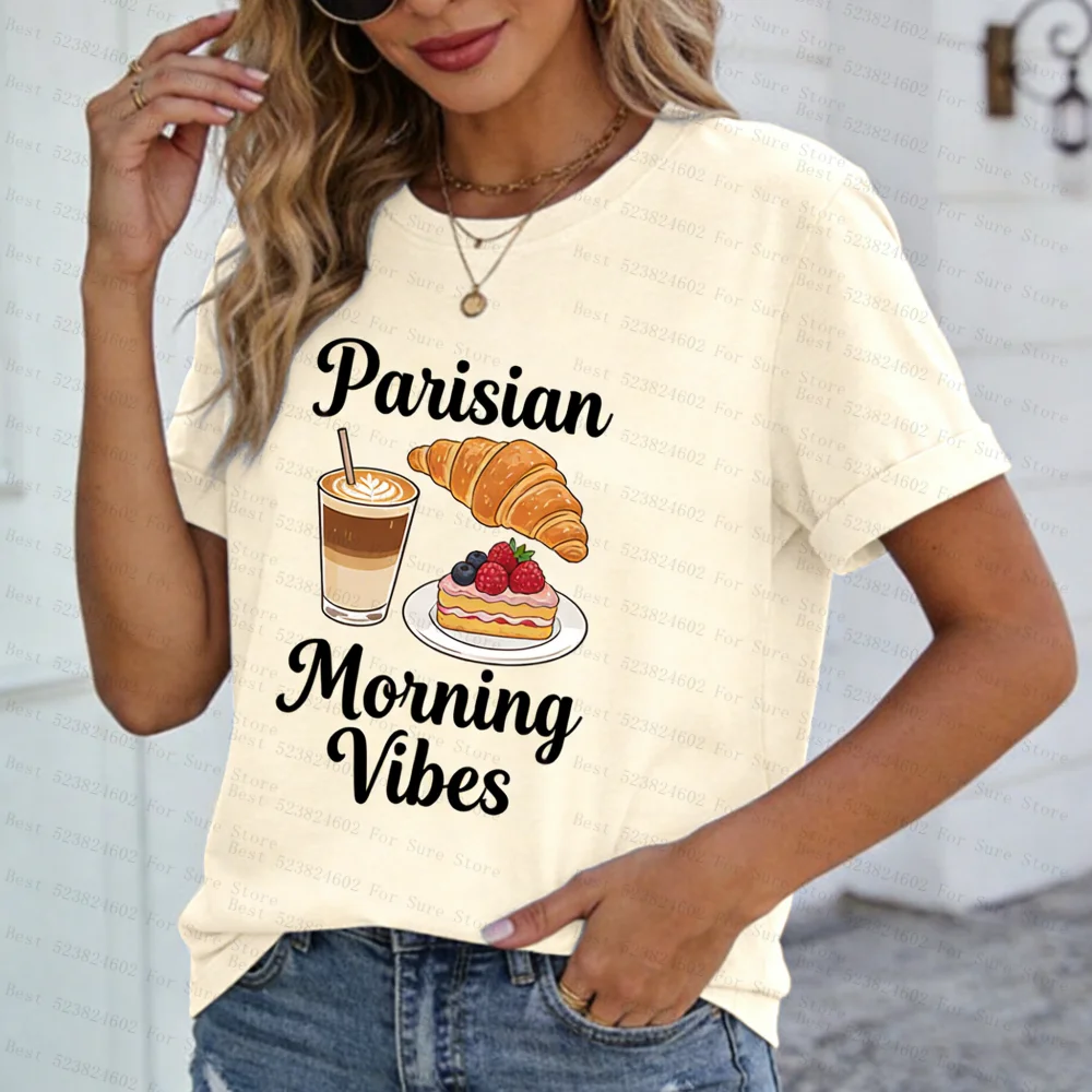 

Parisian Morning Vibes Women T-shirt Coffee Pastry Print Short Sleeve Tops Casual Loose Cotton Tees French Style Fashion Shirts