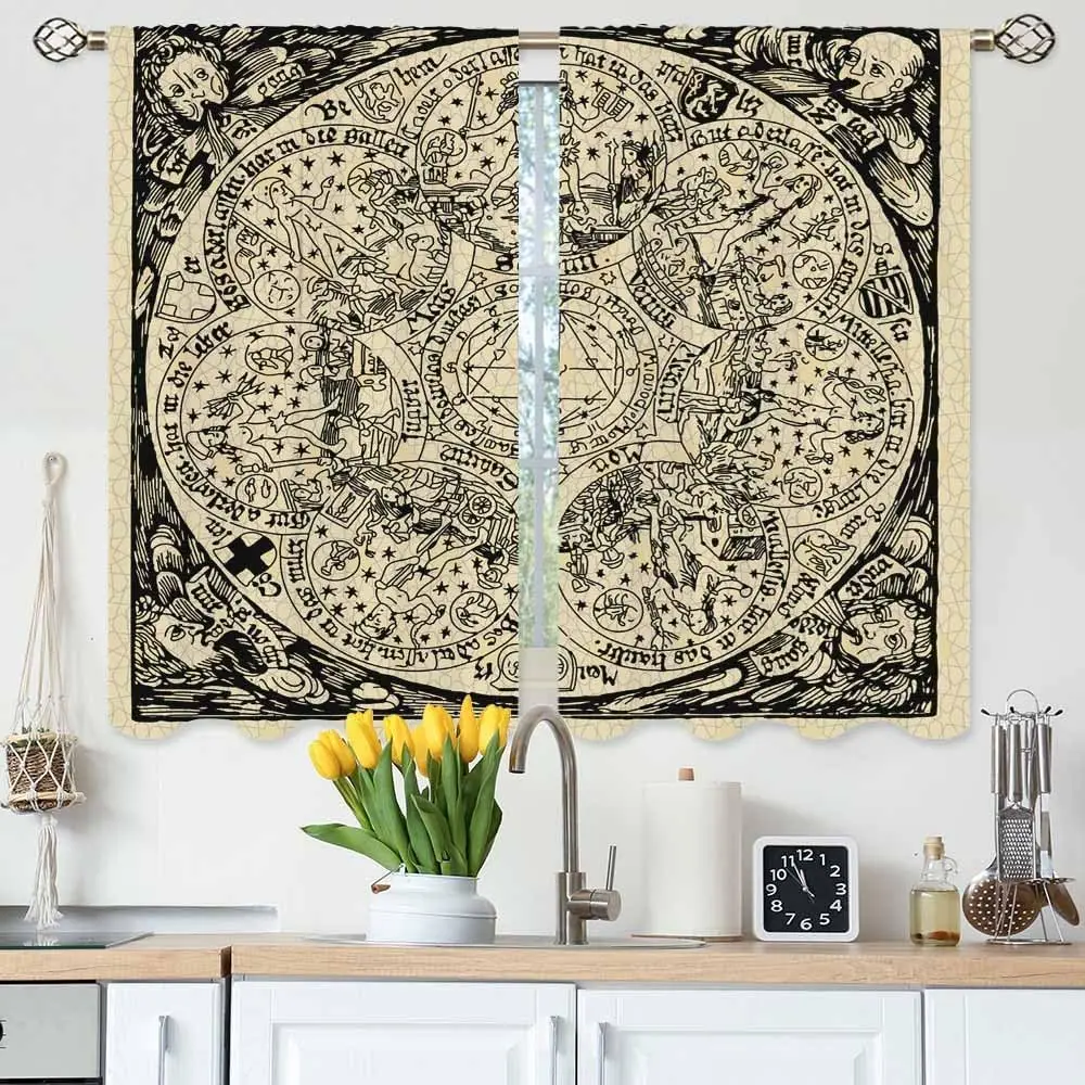 Planets Kitchen Curtains Old Astrology Ink Drawing Short Tier Curtains for Bathroom Cafe Small Window Drapes Treatment 2 Panels