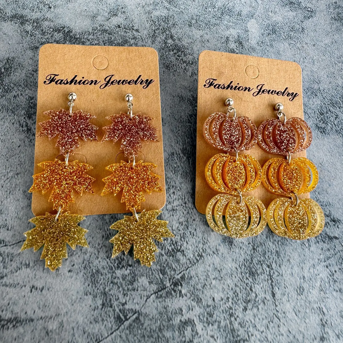 Sparkling golden maple leaf patchwork pumpkin earrings, fashionable American long tassel pendant earrings, Thanksgiving jewelry