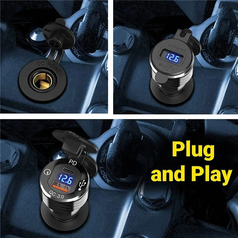 Compact 3X PD 3.0 Type C USB Fast Din To USB & 18W QC 3.0 Power Outlet With Voltmeter For 12V-24V Ducati BMW Motorcycle