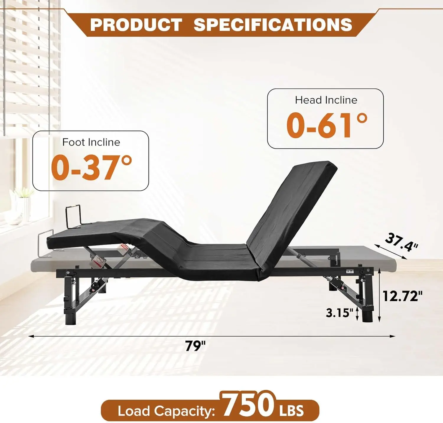 Twin Xl Size Adjustable Metal Bed Frame With Wireless Remote Control And Quiet Motor, Independent Head And Foot Incline, Zero
