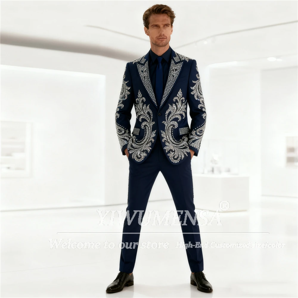 

Sparkling Jewelry Stones Suits Men Slim Fit Single Breasted Jacket Pants 2 Piece Set Beaded Groom Wedding Tuxedos Outfits Luxury
