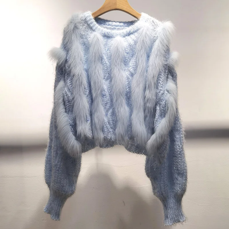 Real Fox Fur Stripe feminino de malha pulôver curto, suéter de manga comprida, o-pescoço, jumpers femininos, aparar suéteres