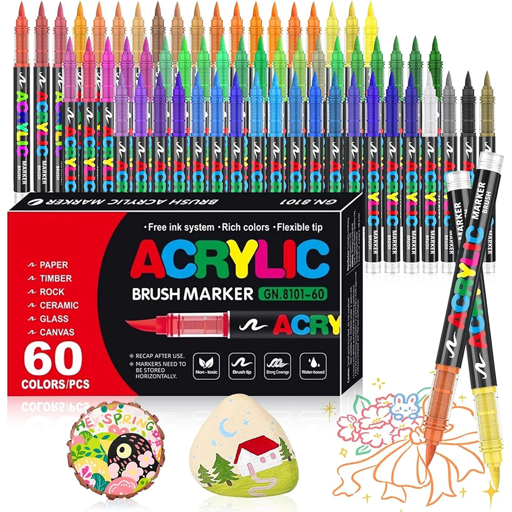 

60 Colors Acrylic Panit Marker Pens Adult Coloring Acrylic Markers Set for Coloring Stone Calligraphy Wood Canvas Glass Ceramic