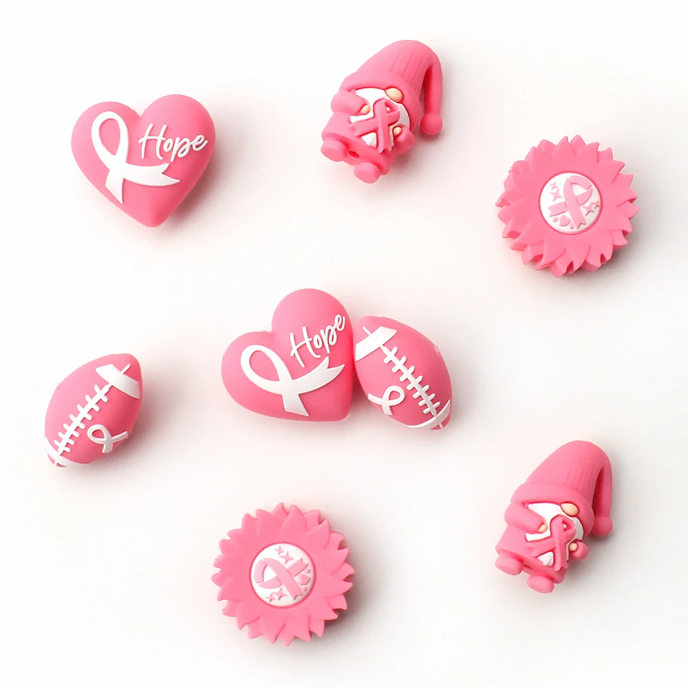 5/10/20/50PCS  Breast Cancer Awareness -Themed 3D Silicone Bead, Pink Ribbon Rugby, Flower, Gnome,Heart Shaped Focal Beads