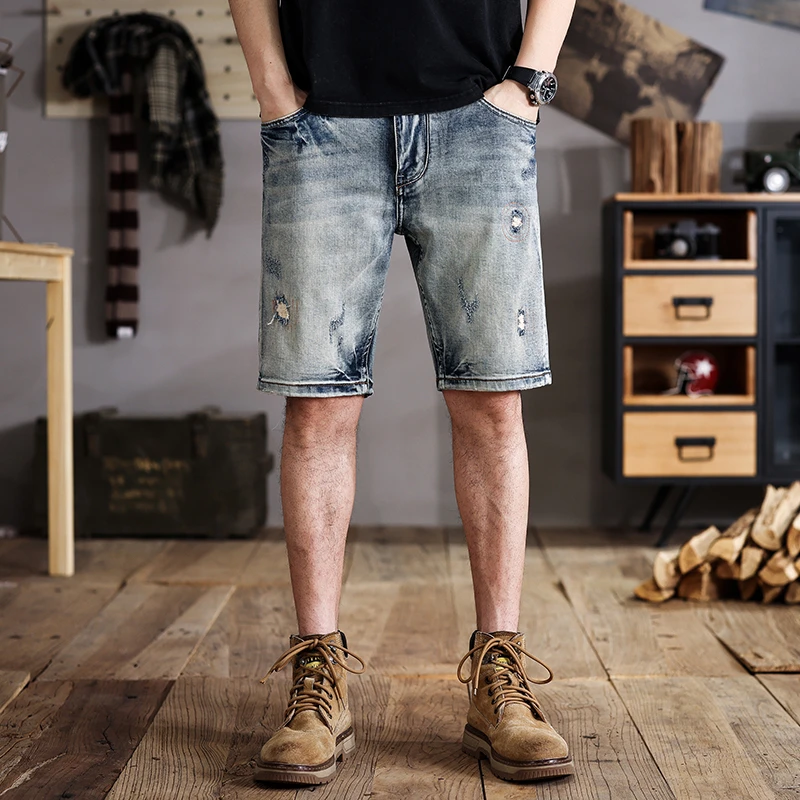 Marca americana de moda masculina shorts jeans finos, perna reta, calças quartas, com lavagem retrô, calças médias, verão