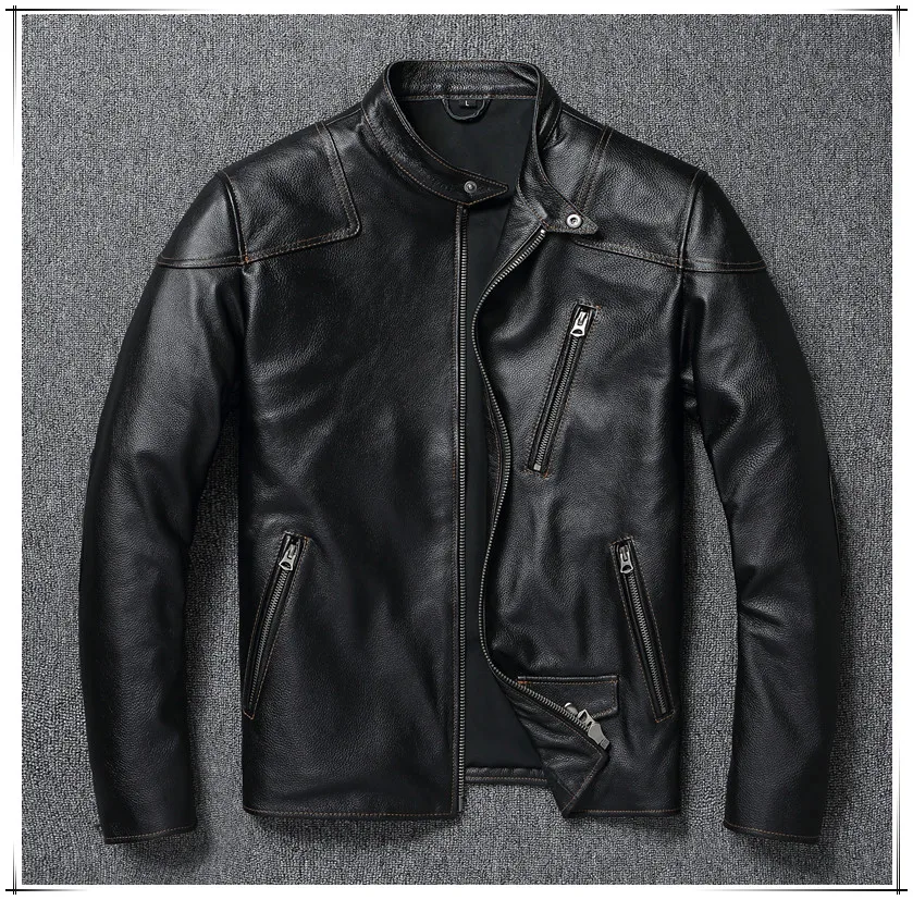 

YR!Free shipping.Wholesales.Rider slim black cowhide jacket.Asian size men cool genuine leather coat.quality leather cloth