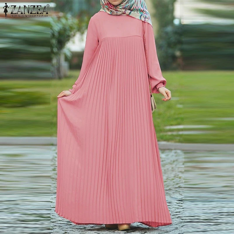 Eid Mubarek Muslim Abaya Dress ZANZEA Women Long Sleeve Solid Pleated Sundress Ramadan Robe Femme Loose IsIamic Clothing Kaftan