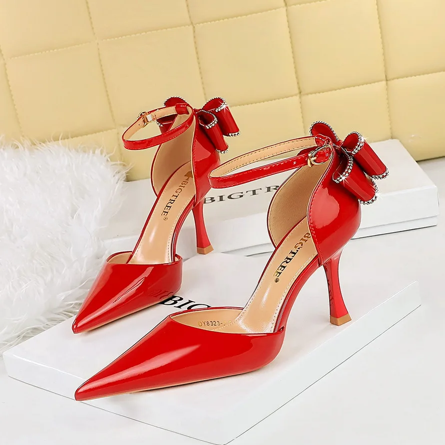 

Summer Women Sandals Shallow Mouth Pointed Toe Patent Leather One Strap Back Bowknot High Heels Sexy Stiletto Shoes Lady Sandals