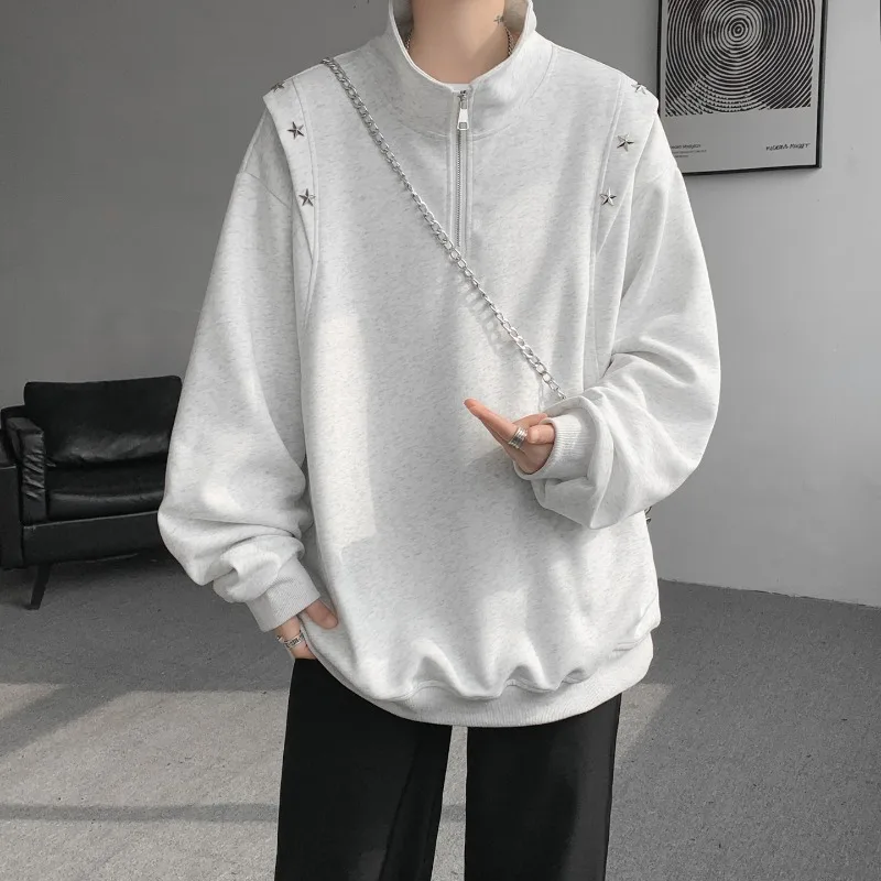 

Retro Techwear Men's Half Zip Pullover Star Studded High Neck Loose Fit Casual Sweatshirt
