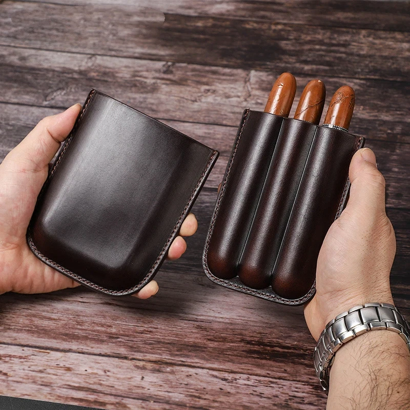Handgefertigtes Zigarrenetui aus echtem Leder mit 3 Steckplätzen aus Rindsleder, Aufbewahrungsbox für Humidor-Aufbewahrungstaschen, Reisetaschen, Raucherzubehör