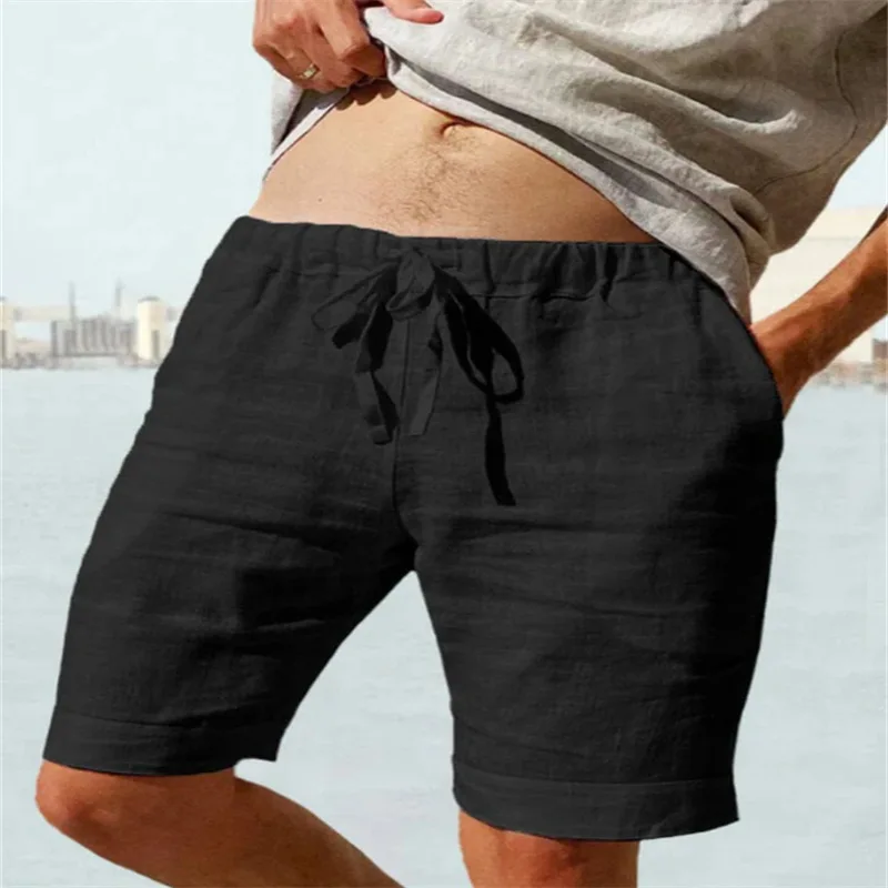 

Solid color cotton and linen elastic waist drawstring breathable outdoor summer loose casual shorts 118