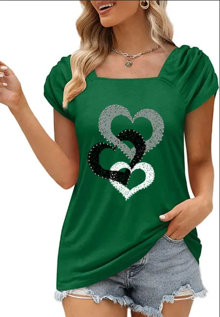 Summer Solid Color Heart Printed Square Neck Short Sleeved Loose T-shirt 2025 Women's Fashionable Casual Printed Square Neck Top