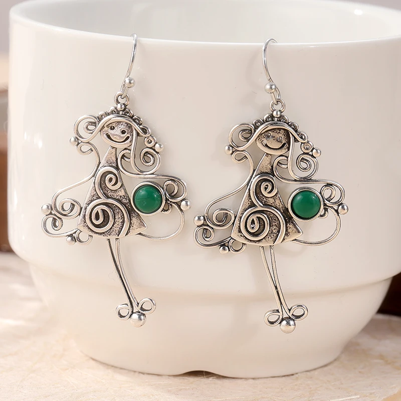 Vintage Hand Carved Exquisite Girl Dancing Dangle Earrings for Women Creative Bohemian Style Pendant Jewelry Accessories Crafts