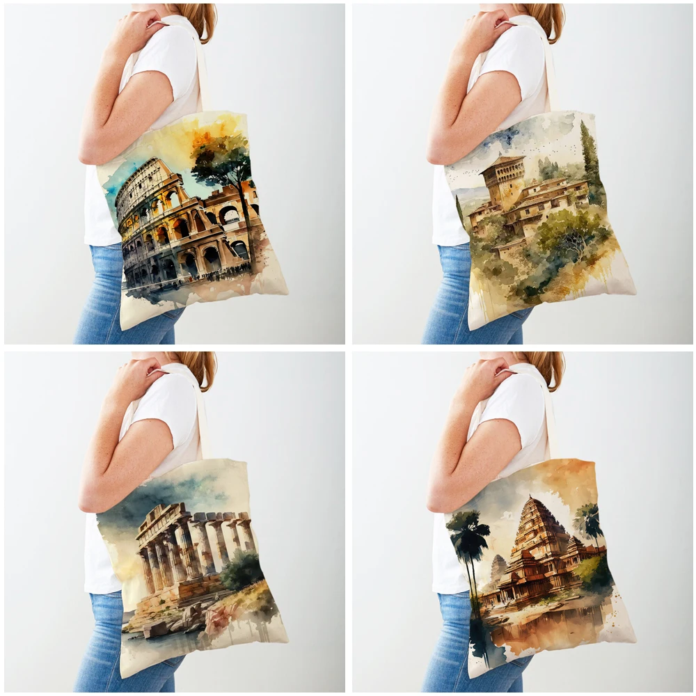 Vintage World Building Roman Shoulder Shopper Bag Women Shopping Bags Double Print Egypt Turkey City Lady Canvas Tote Handbags