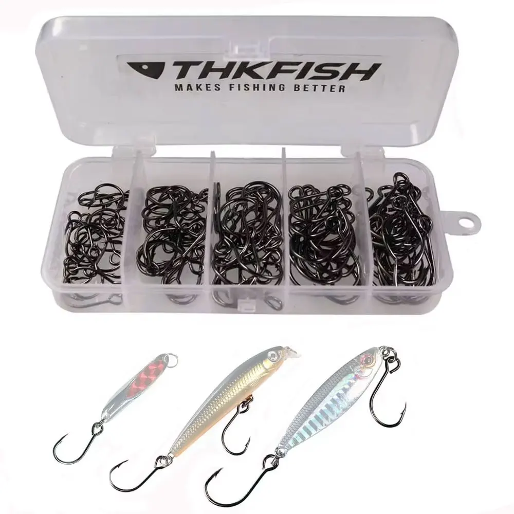 50 pçs kit de ganchos de pesca de olho grande de água doce aço alto carbono único farpado ganchos para colher de metal acessórios anzóis