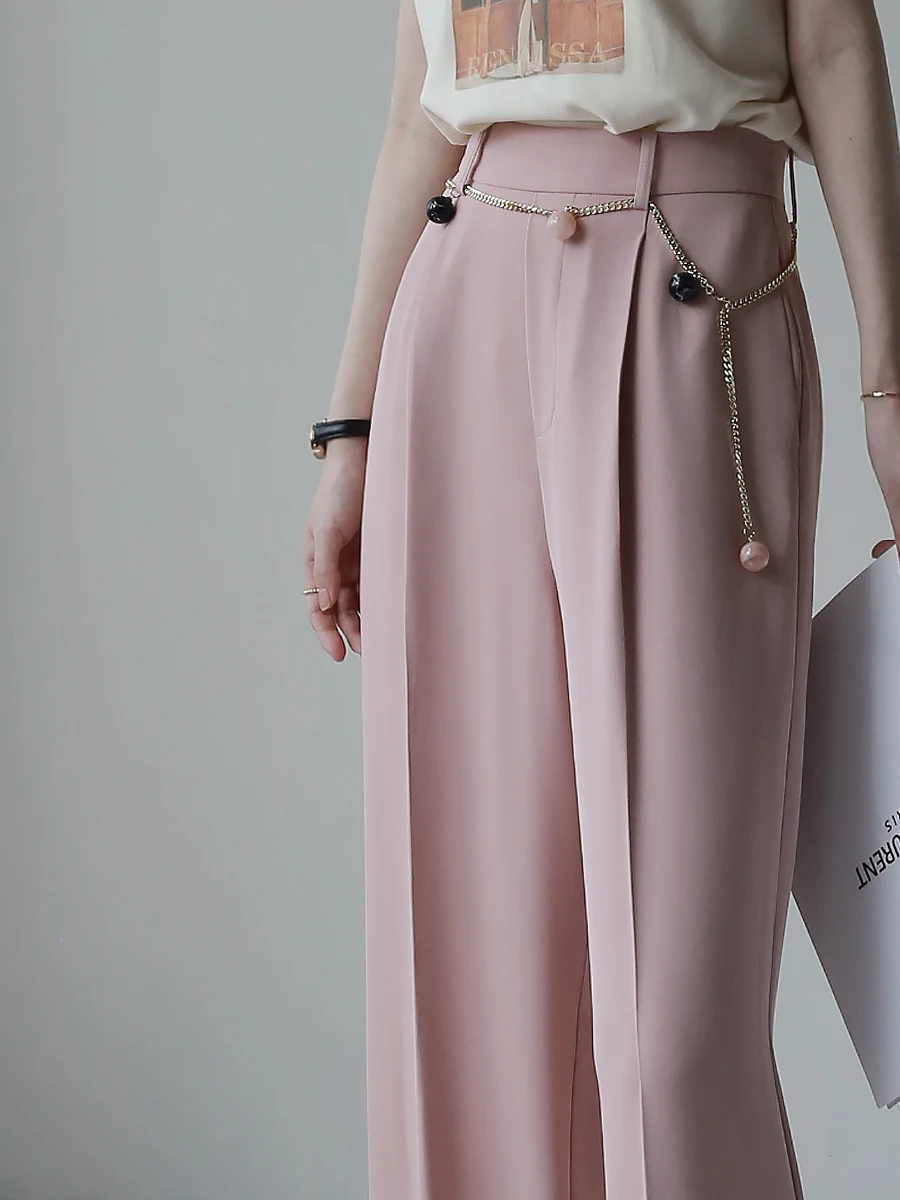 

Warmo Pearl Waist Chain High Waist Wide Leg Pants Straight Cut Suit Pants Women Slimming Casual Ele Drapey Trousers