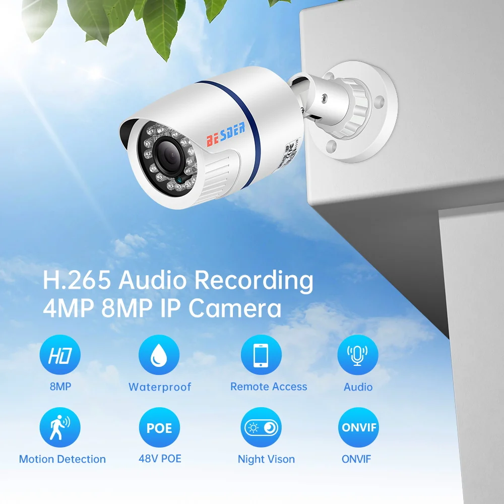 4K 8MP H.265 كاميرا الأمن في الهواء الطلق كاميرا IP مقاومة للماء 4MP الأشعة تحت الحمراء للرؤية الليلية متعددة عرض التوصيل والتشغيل كشف الحركة CCTV