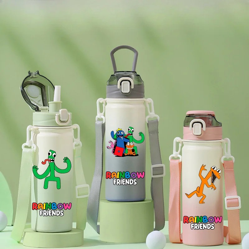 Bottiglia d'acqua in acciaio inossidabile con cartoni animati Rainbow Friends da 600 ml Bottiglia d'acqua portatile a prova di perdite Tazza d'acqua isolata per sport all'aria aperta