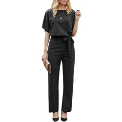 Women's Clothing Summer 2024 Trend Jumpsuit, Elegant Short Sleeve Hollowed Waist Tie Solid Summer Wide Leg Pants