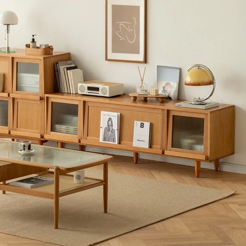

Solid wood TV cabinet coffee table combination, Nordic style cherry wood log rattan furniture, small apartment, modern and simpl