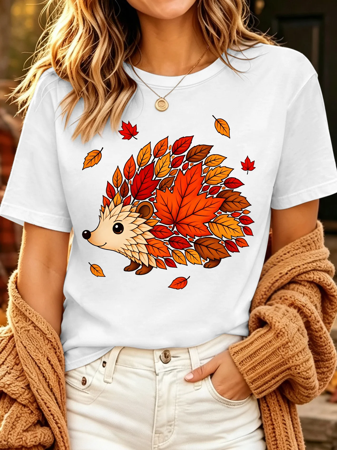 Autumn Hedgehog Maple Leaf Womens T Shirt Cute Fall Animal Graphic Tee Short Sleeve Casual Thanksgiving Daily Party Ladies Tops