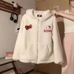 Hot Kawaii Sanrios Hellokitty Hooded Sweatshirt Girls Autumn Winter Cute Loose Cardigan Thickened Couple Casual Versatile Jacket