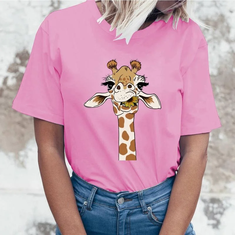 Funny Giraffe Graphic Printed T-shirt Women Summer Casual Crew Neck Loose Short Sleeve Top Streetwear Fashion Personality Tees