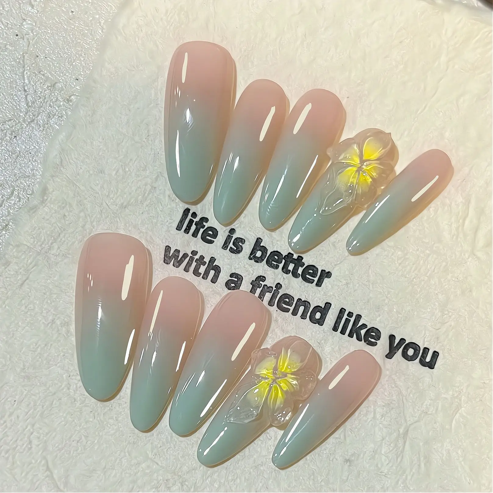 10 Uds. De uñas postizas hechas a mano, Frangipani de menta, verde claro, gradiente desnudo, puntas de uñas talladas a mano, uñas postizas desmontables y usables