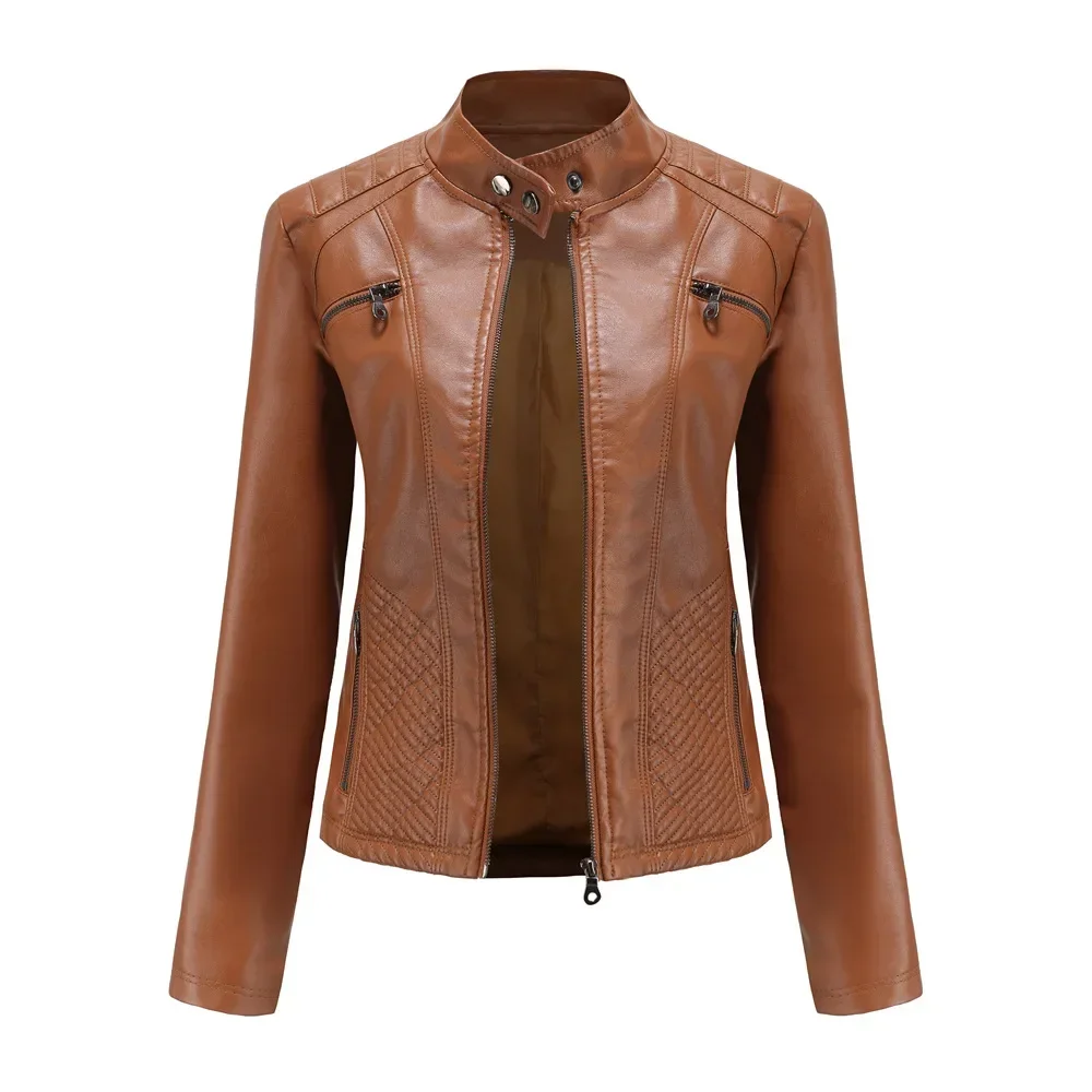 Manteau femme mode tendance Simple automne hiver col analogique fermeture éclair en cuir PU veste de moto pour les femmes