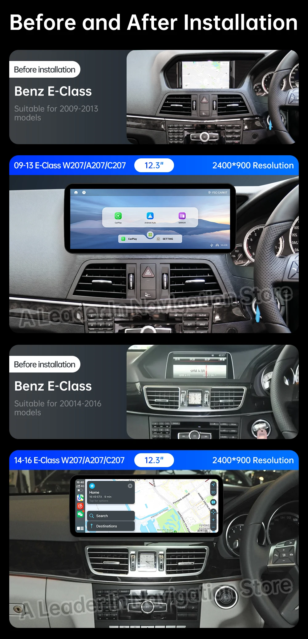 Wireless Carplay Car Radio Android 16 for Mercedes Benz E Class C207 W207 A207 2009 - 2016 DSP Stereo GPS Navi Multimedia Player