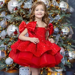 Girl's Big Bow Princess Dress 1-10 Years Old Fashion One Shoulder Sequin Fluffy Dress Carnival Birthday Party Performance Clothi