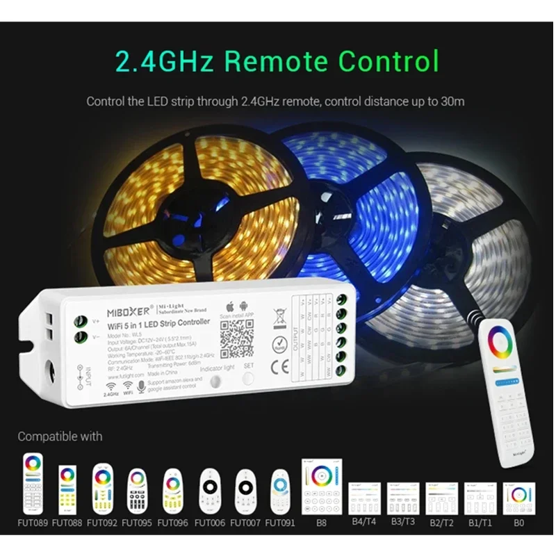WL5 Miboxer 2.4G 5IN1 WiFi LED Controller APP/TUYA /Third Party Voice Control For Single/Dual Color RGBW RGB+CCT RGB Led Strip