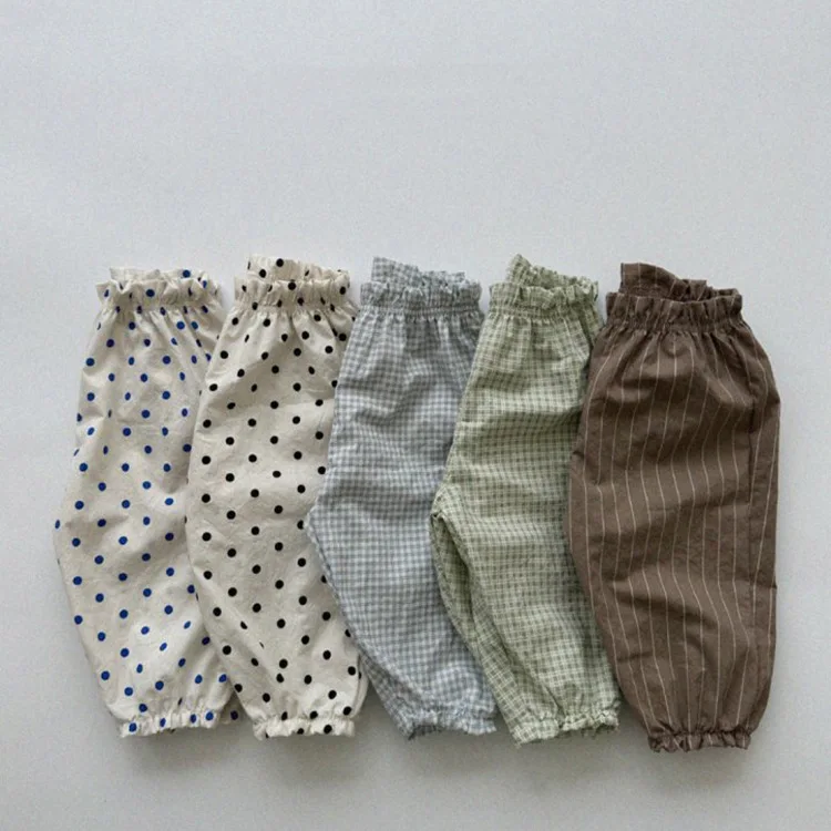 2024 Summer Children Thin Loose Print Casual Pants Boy Baby Cotton Plaid Casual Pants Girl Kids Anti-mosquito Pencil Trousers