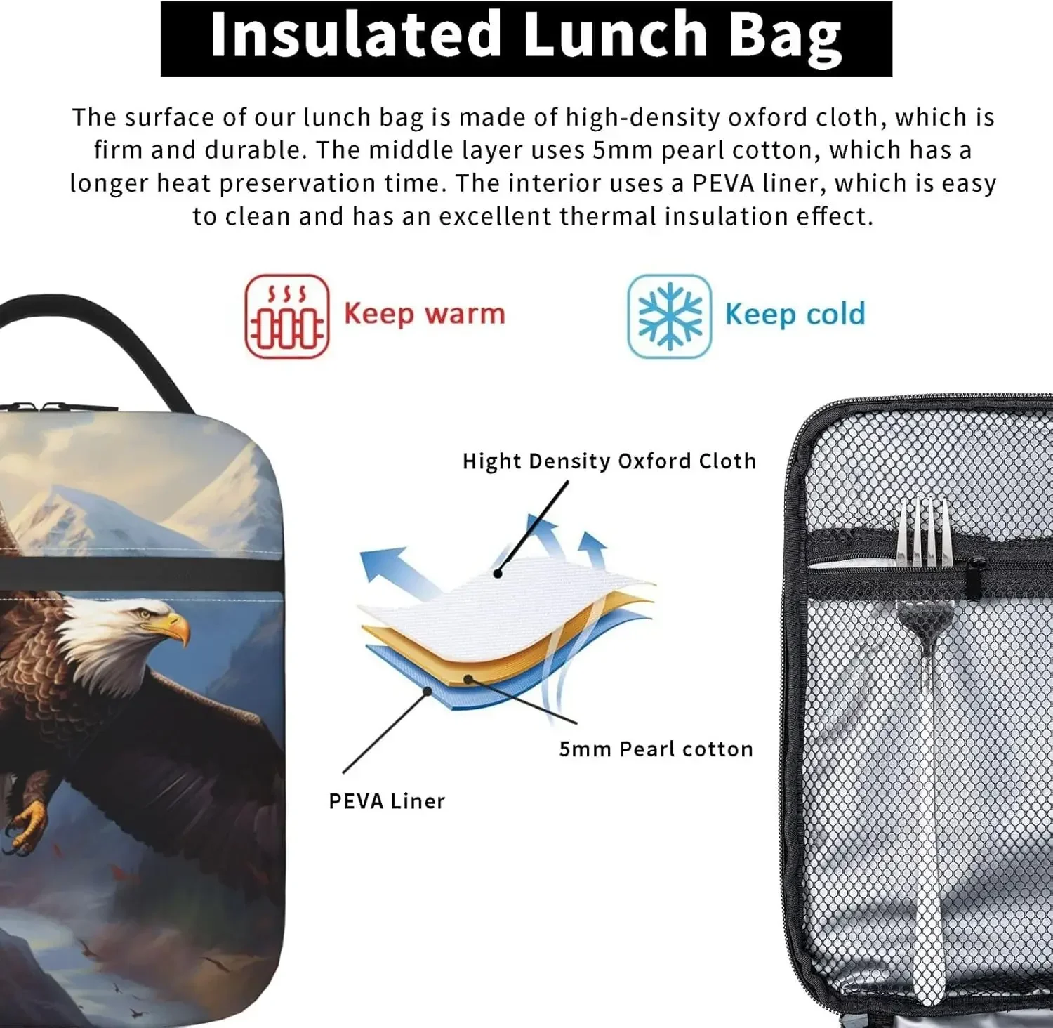 صندوق غداء النسر الأصلع للأطفال البالغين والبنات والأولاد حقيبة غداء النسر الأمريكي حقيبة غداء معزولة قابلة لإعادة الاستخدام