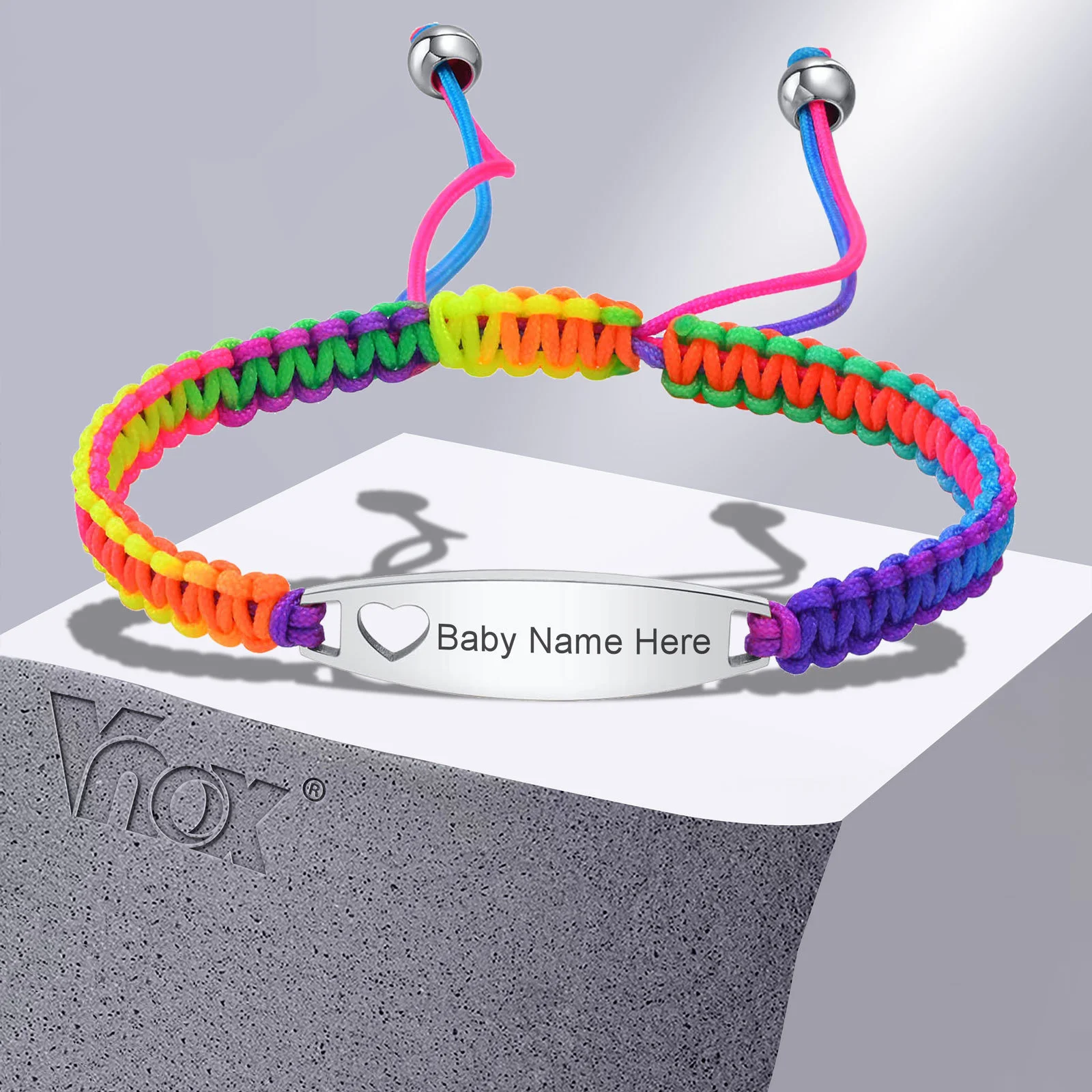 Vnox Newborns Girls Boys Bracelets, Free Custom Stainless Steel Bangle with Adjustable Braided Colored Chain, Name Jewelry