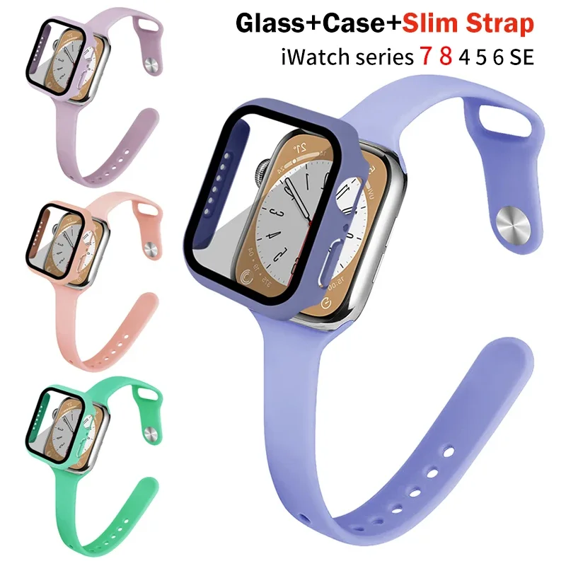 Glass+Case+Slim Strap For Apple Watch band 44mm 40mm 45mm 41mm 38mm 42mm Silicone watchband bracelet iWatch series 4 5 6 se 7 8