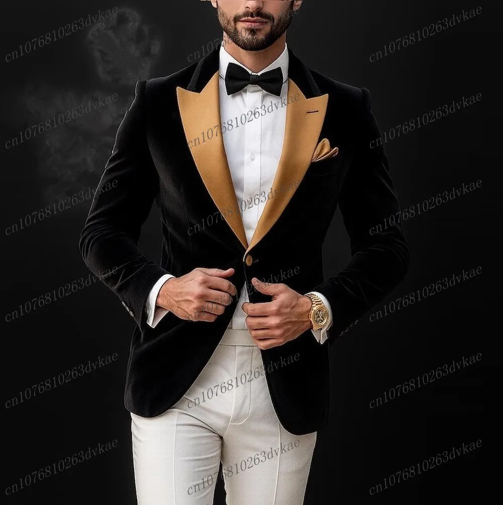أسود مخملي الذهب الأبيض الرجال دعوى العريس وصيف حفل زفاف حفلة موسيقية مناسبة رسمية الأعمال البدلات الرسمية 2 قطعة مجموعة السترة السراويل