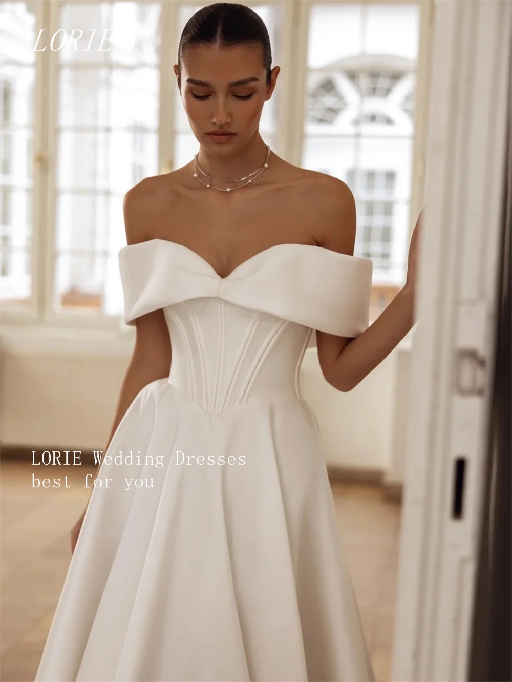 LORIE فستان زفاف كلاسيكي على شكل حرف A أنيق قبالة الكتف فساتين زفاف مشد مطوي ثوب زفاف مخصص 2026
