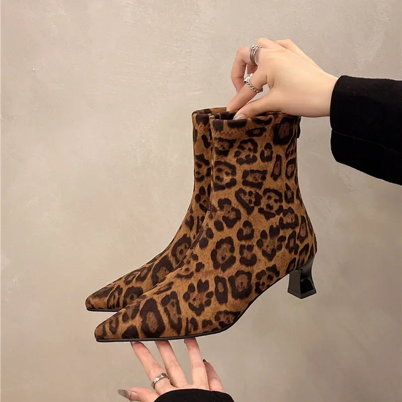 

Fashion Designer Leopard Print Women Ankle Boots Sexy Pointed Toe Short Booties Plus Size Woman High Heels Shoes De Mujer