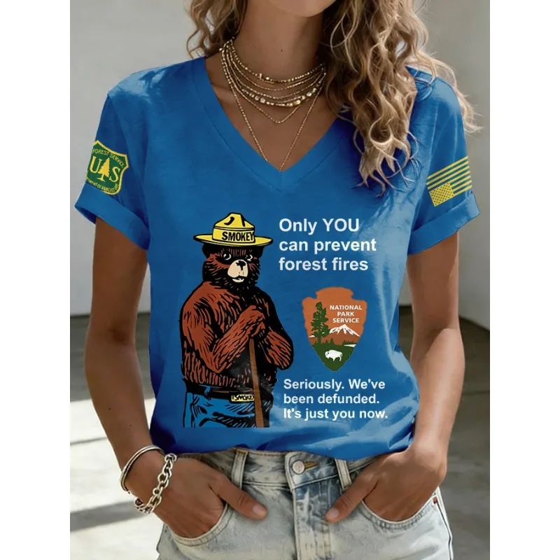 New Women's Only You Can Prevent Forest Fires Print T-Shirts Summer V Neck Tops Short Sleeve Casual Resist Tees