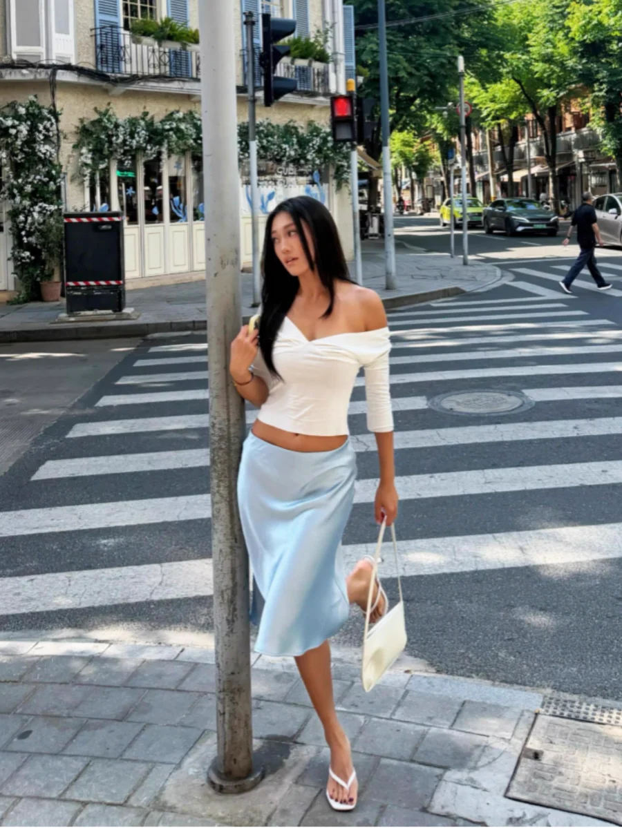 Blue Satin Glossy A-Line  Skirt Women's Summer New Elastic Waist Side Cut Bodycon Fish Tail Midi Skirt Ladies Skirts
