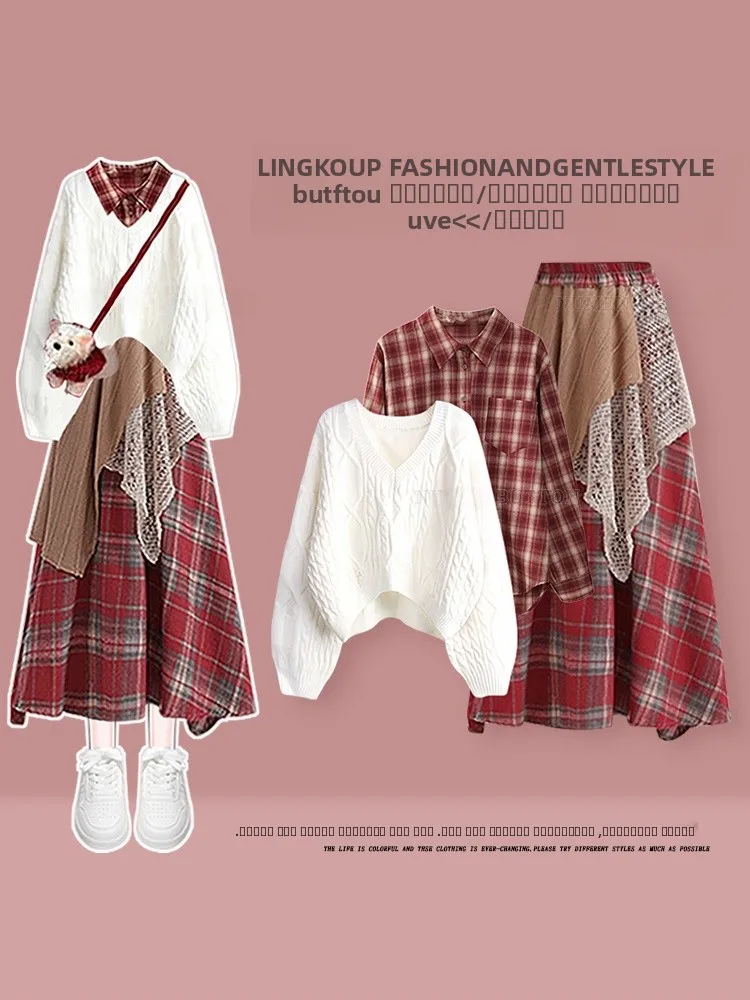 

Большой размер, осенне-зимний комплект русалки, женский тонкий свитер, красный базовый комплект с годовой клетчатой лоскутной юбкой, комплект футболок