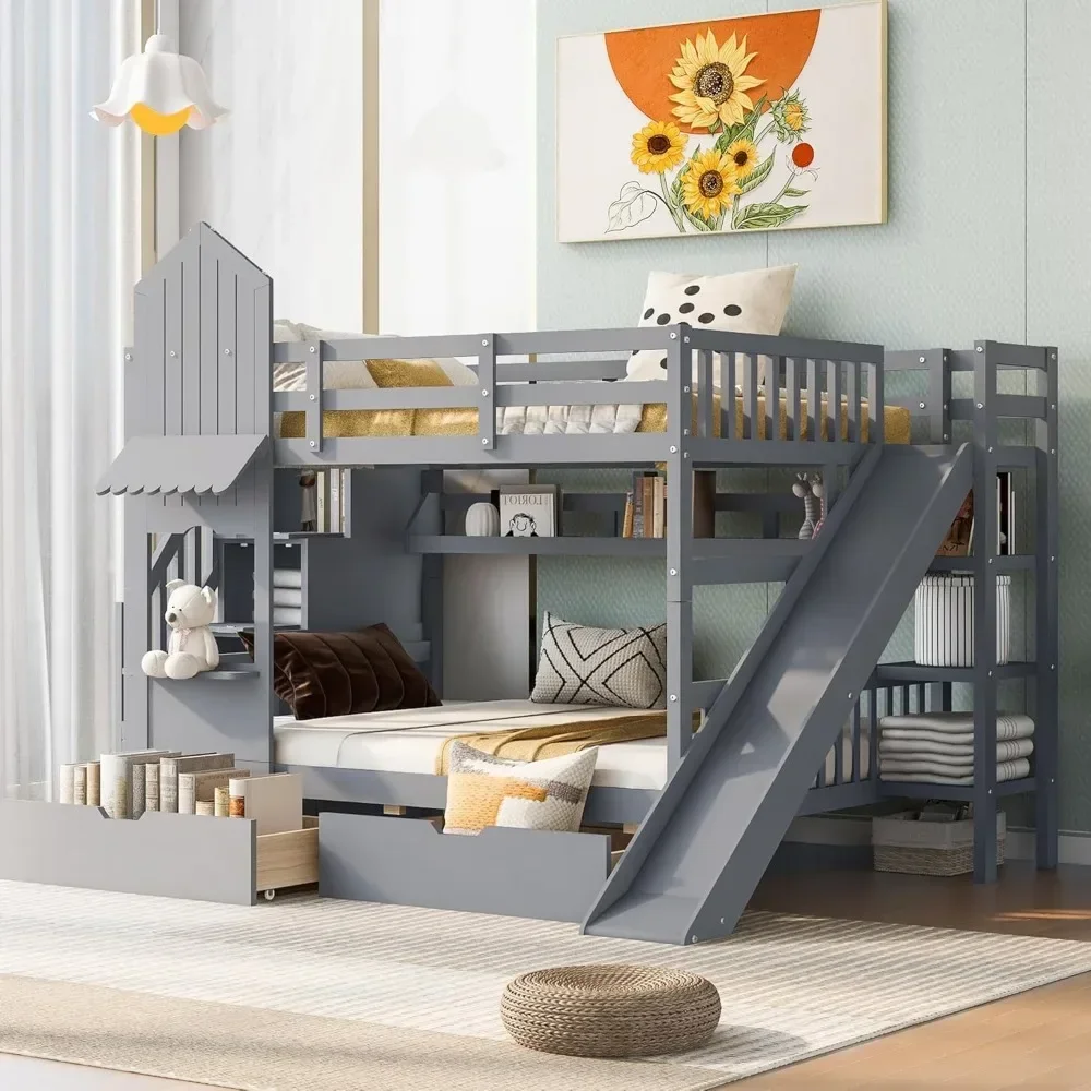 Castle Style Bunk Beds for Kids Teens Girls Boys,Wooden Full Over Full Bunk Bed with Storage, Kids Bunk Bed with Stairs & Slide