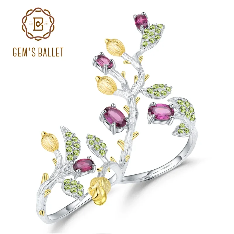 

GEM'S BALLET 2.14Ct Natural Rhodolite Garnet 925 Sterling Silver Adjustable Ring Statement Tree Double Finger Rings for Women