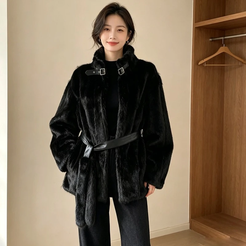 Thickened Lazy Style Plush Coat 2026 Winter New Fashionable French Temperament Elegant Standing Tie Belt Warm Jacket for Women