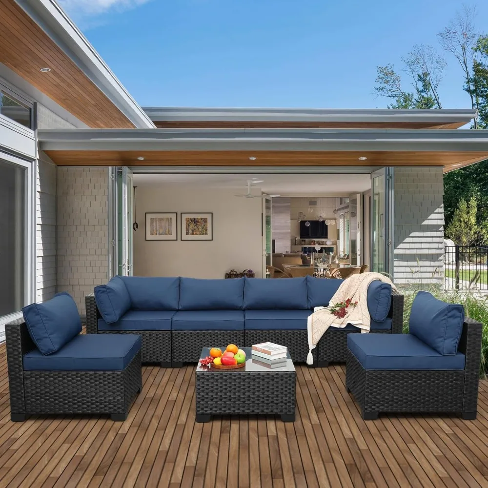 

Комплект плетеной мебели из полиэтилена для улицы, секционный диван из черного ротанга для патио с моющимися темно-синими подушками...