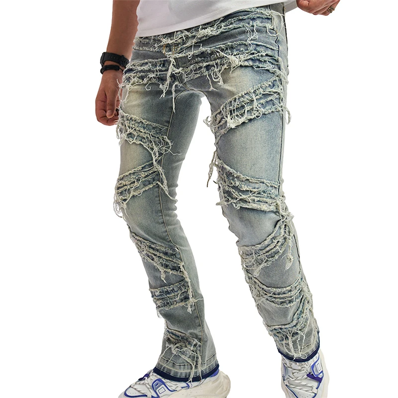 

Mens Ripped Jeans Slim Fit Stacked Denim Pants Vintage Hip Hop Patchwork Jeans Streetwear Trousers