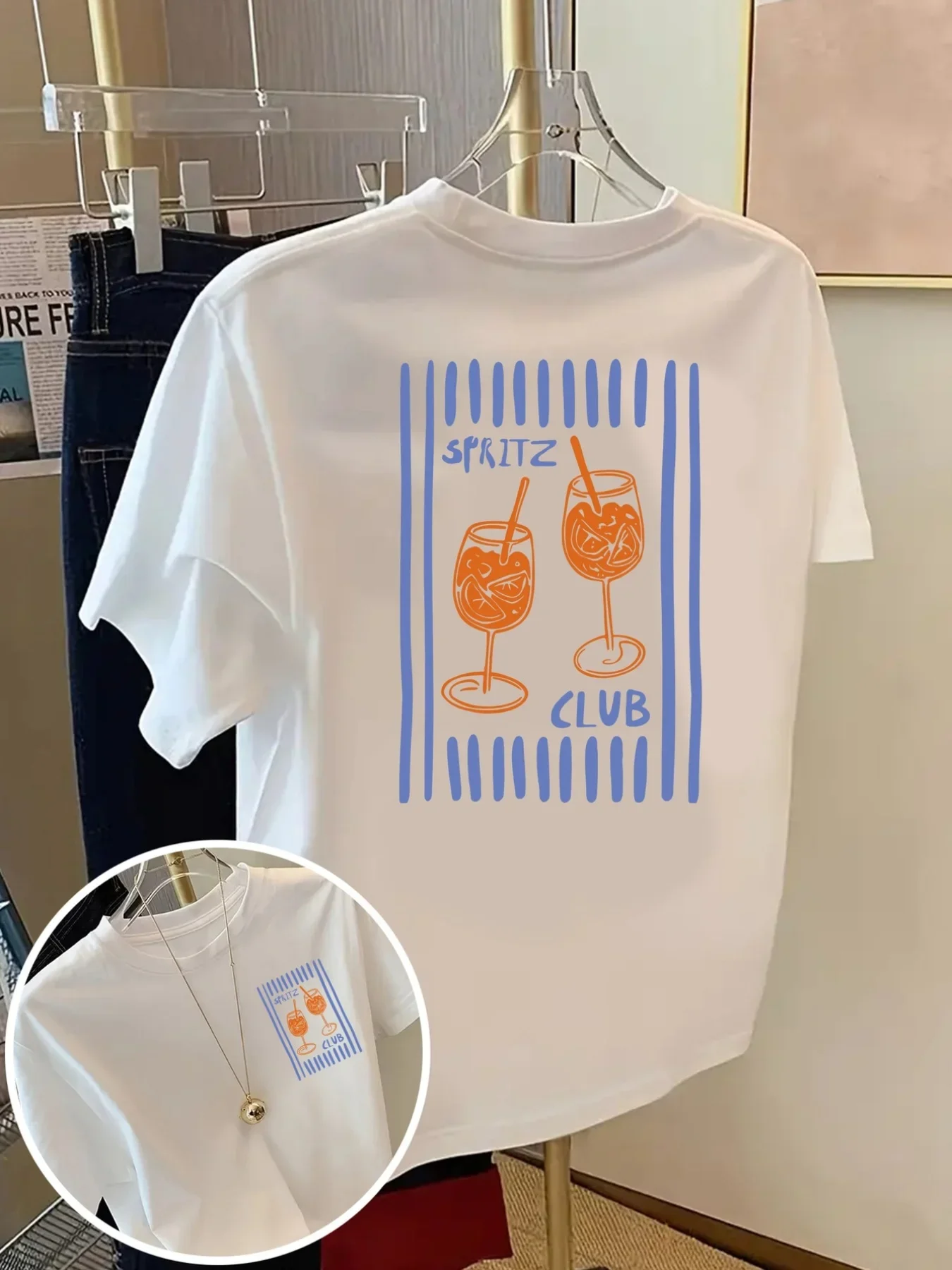 Mens 100% Pure Cotton Tee Orange Wine Glass Sketch Contrast Cursive Text Graphic Loose Streetwear Short Sleeve Shirts