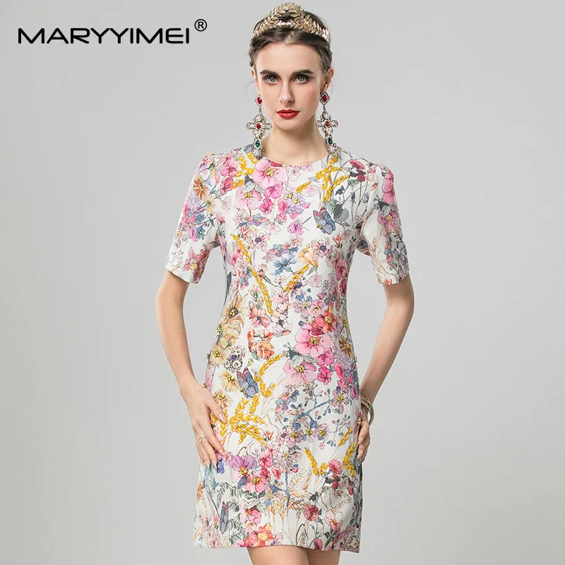 

MARYYIMEI элегантное женское платье с круглым вырезом и короткими рукавами, жаккардовые платья трапециевидной формы с принтом бисера, весна-лето, новинка 2023 г.